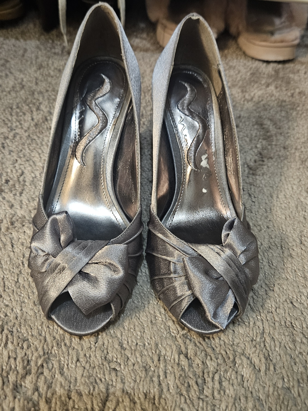 Nina Shoes Satin Peep-Toe Heels with Knotted Bow